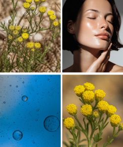 Rozświetlające serum Blue Tansy z witaminą C Klaudyna Hebda, niebieska emulsja, żółte kwiaty wrotyczu marokańskiego i modelka o gładkiej cerze