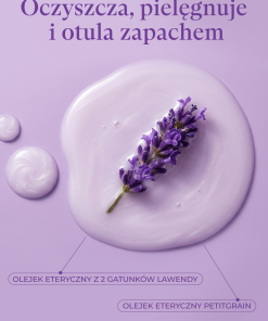 Naturalne składniki żelu myjącego Lavandula, w tym olejek eteryczny z dwóch gatunków lawendy i patigrain