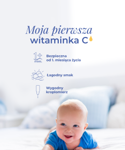 Uśmiechnięte niemowlę leżące na brzuszku, nad którym widnieje napis Moja pierwsza witaminka C oraz ikony zalet produktu Kropelki z witaminą C dla dzieci K. Hebda.