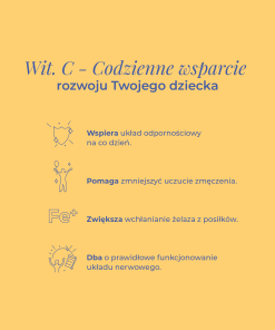 Żółta karta produktowa z ikonami objaśniającymi zalety stosowania suplementu Kropelki z witaminą C dla dzieci K. Hebda na układ odpornościowy i nerwowy.