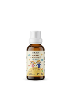 Produktowy packshot butelki Kropelki z witaminą C dla dzieci K. Hebda 25 ml z białym zakraplaczem, sfotografowany na czystym, białym tle.
