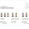 Infografika z przepisami na mieszanki z olejkiem lawendowym K. Hebda: miksy na relax, odświeżenie oraz wyciszenie z cytryną i kadzidłem.