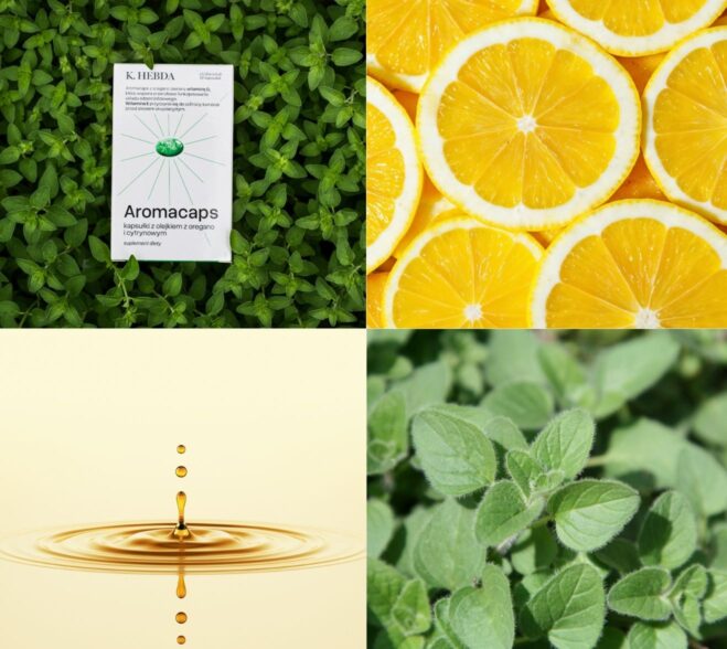 Czteroczęściowy kolaż przedstawiający opakowanie K. Hebda Aromacaps na zielonym tle, plastry cytryny, kroplę olejku oraz świeże liście oregano.