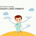 Ilustracja przedstawiająca instrukcję aplikacji Balsamu Lekki Oddech K. Hebda na ciele dziecka: nacieranie klatki piersiowej, wmasowywanie w kark oraz smarowanie stópek.