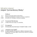 Infografika prezentująca 4 sposoby jak stosować olejek Tymiankowy Biały K. Hebda w dyfuzorze, na pościel, do masażu i kąpieli.