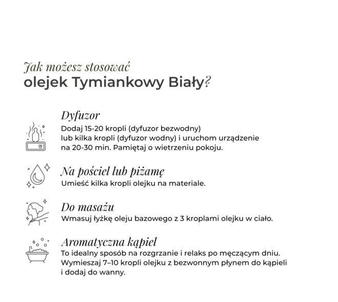 Infografika prezentująca 4 sposoby jak stosować olejek Tymiankowy Biały K. Hebda w dyfuzorze, na pościel, do masażu i kąpieli.