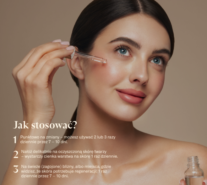Instrukcja stosowania serum Gładkolica Klaudyna HEBDA z wizualizacją aplikacji na skórę twarzy.