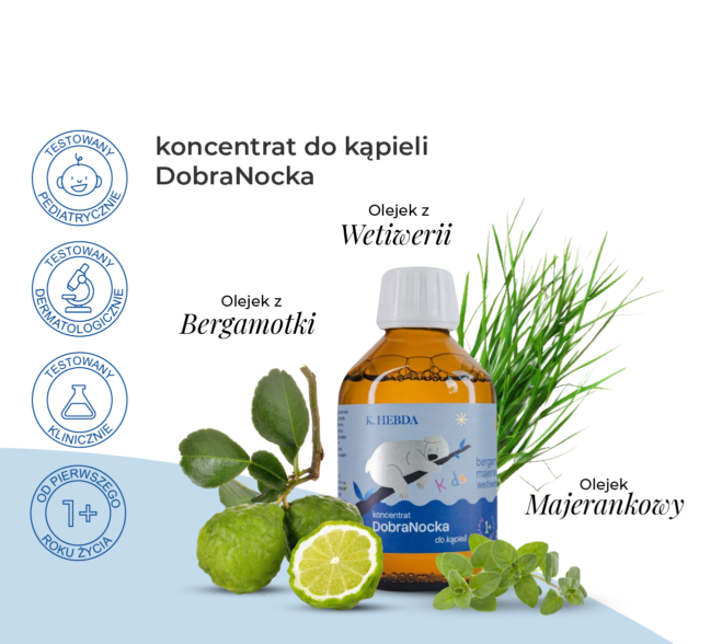 Koncentrat do kąpieli K. Hebda DobraNocka obok owoców bergamotki, majeranku i wetiwerii, z ikoną od 1. roku życia.