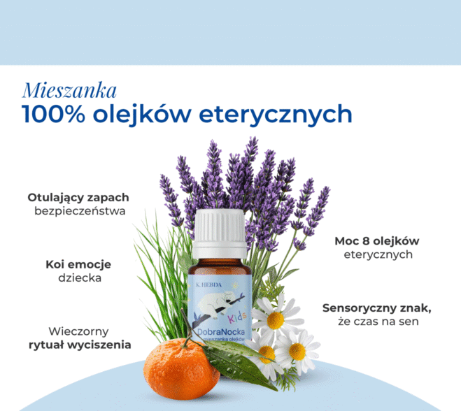 Mieszanka 100% olejków eterycznych K. Hebda DobraNocka z koalą, otoczona kwiatami lawendy, rumianku i owocem mandarynki.