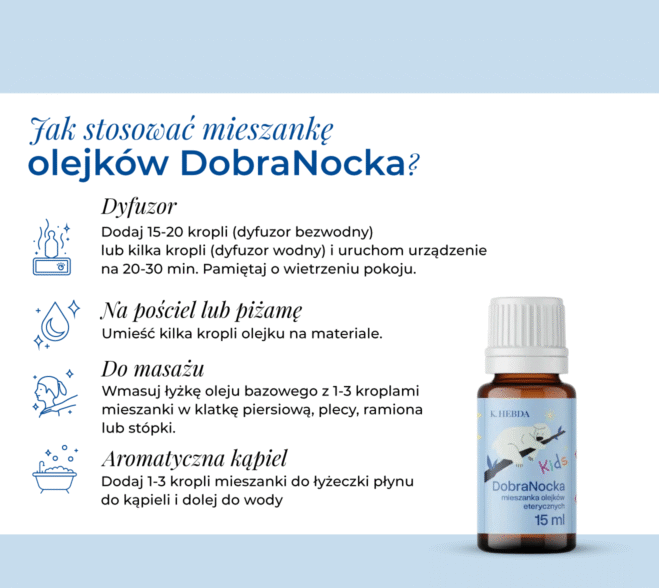 Cztery metody aplikacji mieszanki olejków K. Hebda DobraNocka: dyfuzor, pościel lub piżama, masaż oraz aromatyczna kąpiel.