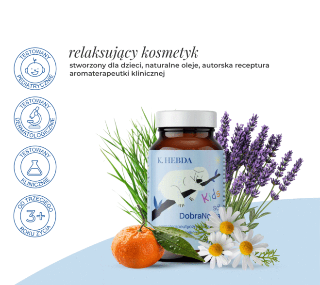 Słoiczek soli do kąpieli K. Hebda DobraNocka w otoczeniu gałązek lawendy, rumianku i mandarynki, z certyfikatami od 3. roku życia.