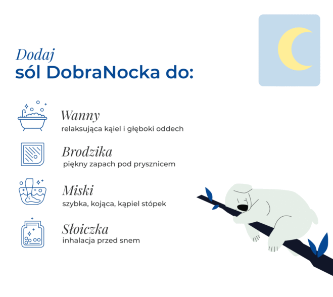 Sól do kąpieli dla dzieci K. Hebda DobraNocka z grafiką śpiącego koali, obok cztery ikony zastosowania: wanny, brodzika, miski i słoiczka.