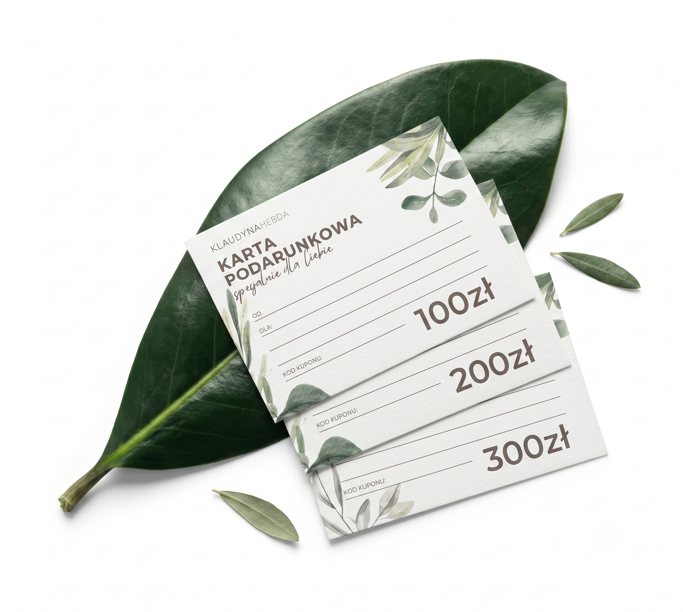 Elektroniczna E-Karta Podarunkowa Klaudyna Hebda Nature o wartości 100 zł i 300 zł ułożona na dużym, zielonym liściu, prezentowana jako mockup do sklepu na białym tle.