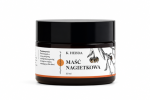Maść nagietkowa K. Hebda 30 ml w szklanym słoiczku na białym tle – naturalny kosmetyk do pielęgnacji skóry.