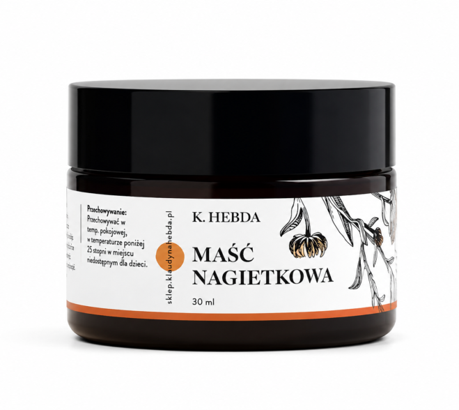 Maść nagietkowa K. Hebda 30 ml w szklanym słoiczku na białym tle – naturalny kosmetyk do pielęgnacji skóry.