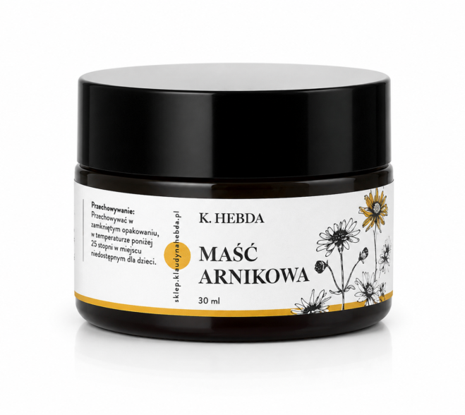 Maść arnikowa K. Hebda 30 ml w bursztynowym szklanym słoiczku na białym tle – profesjonalne zdjęcie produktowe packshot