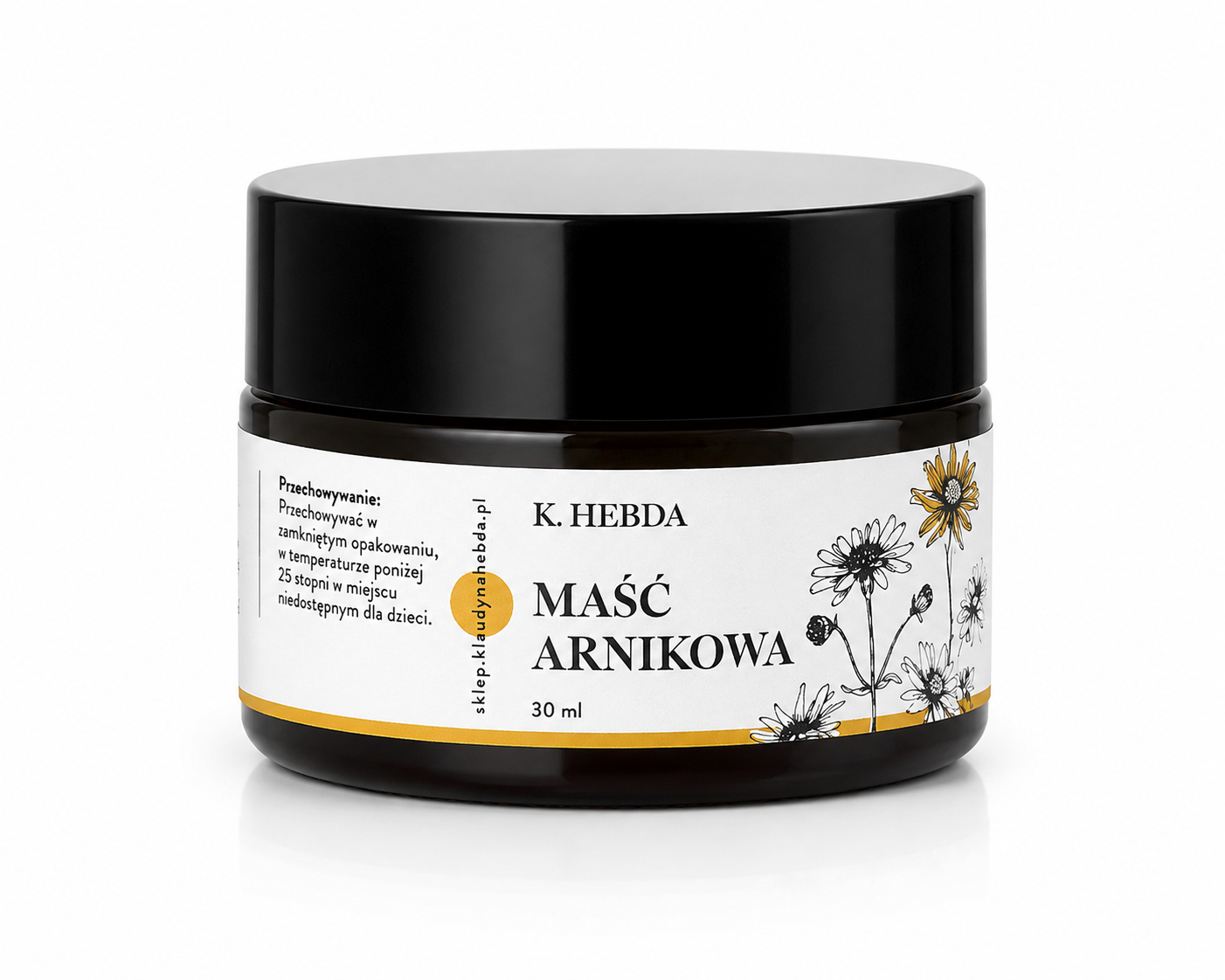 Maść arnikowa K. Hebda 30 ml w bursztynowym szklanym słoiczku na białym tle – profesjonalne zdjęcie produktowe packshot