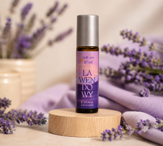 Roll-on Lavandula z naturalnym olejkiem lawendowym na drewnianej podstawce wśród kwiatów lawendy