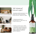 Buteleczka sprayu aromaterapeutycznego K. Hebda Liptus® Light z atomizerem, obok gałązka eukaliptusa oraz trzy zdjęcia wnętrz pokazujące sypialnię, biuro i salon.
