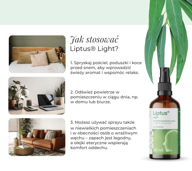 Buteleczka sprayu aromaterapeutycznego K. Hebda Liptus® Light z atomizerem, obok gałązka eukaliptusa oraz trzy zdjęcia wnętrz pokazujące sypialnię, biuro i salon.