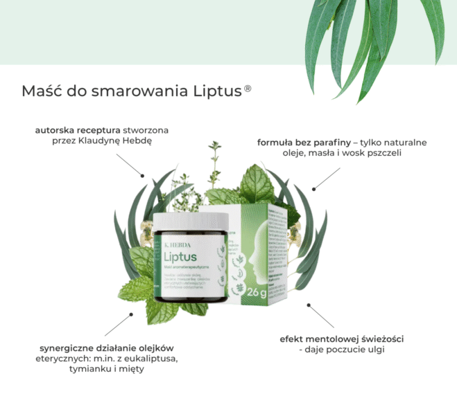 Słoiczek i pudełko maści aromaterapeutycznej K. Hebda Liptus® 26 g, otoczone liśćmi mięty, eukaliptusa i gałązkami tymianku z certyfikatami jakości.
