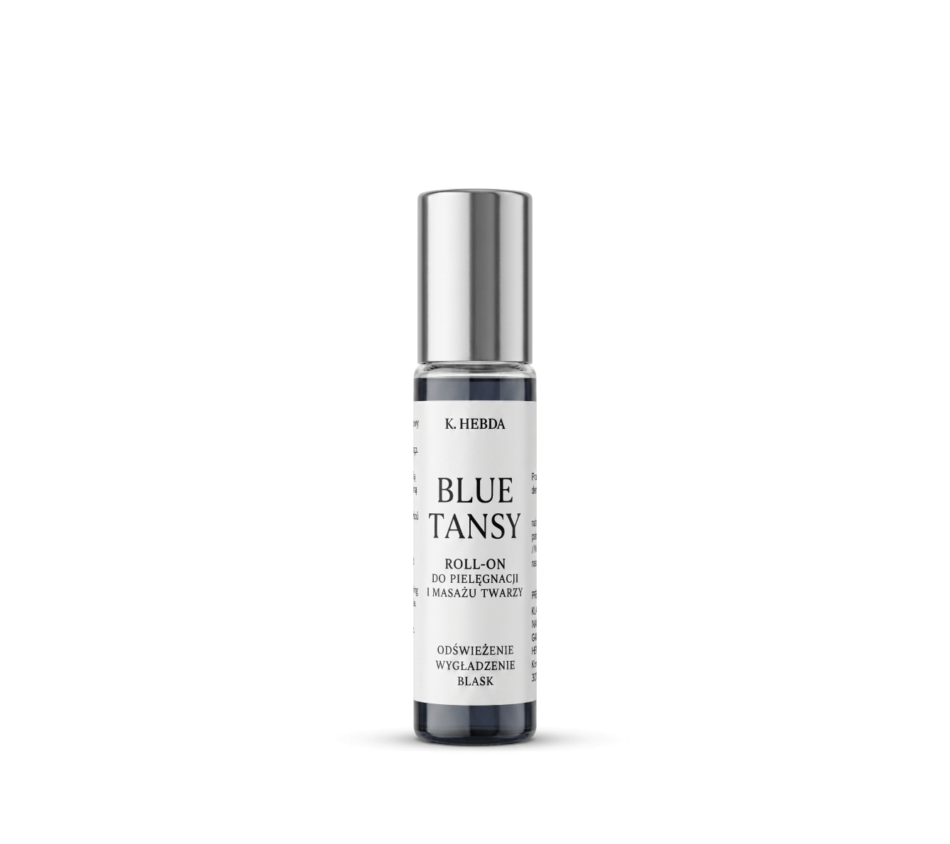 Blue Tansy Roll-On K. Hebda na białym tle – kosmetyk do pielęgnacji i masażu twarzy z olejem migdałowym i olejkiem Blue Tansy.