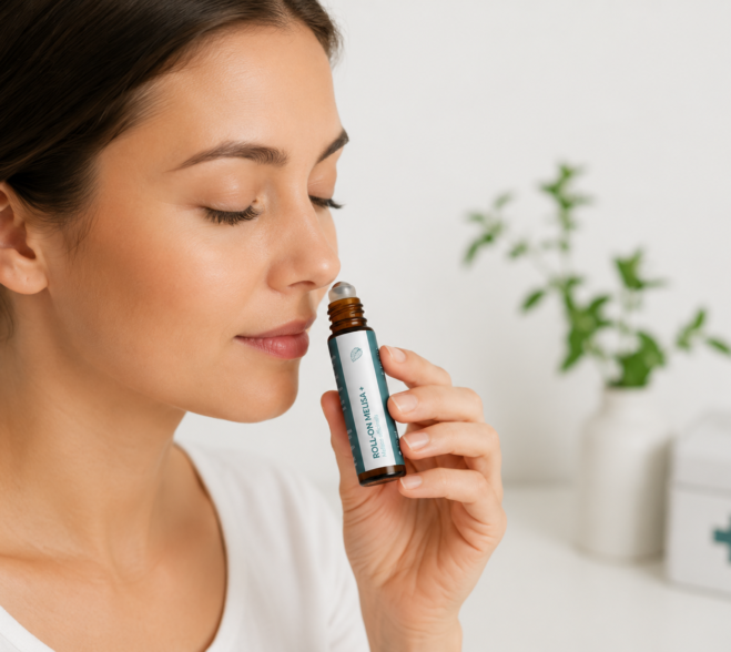 Kobieta wąchająca roll-on Melisa PLUS z olejkami eterycznymi do aromaterapii