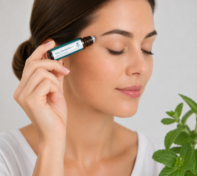 Kobieta nakładająca roll-on Mięta PLUS na skroń – naturalna aromaterapia z olejkiem miętowym