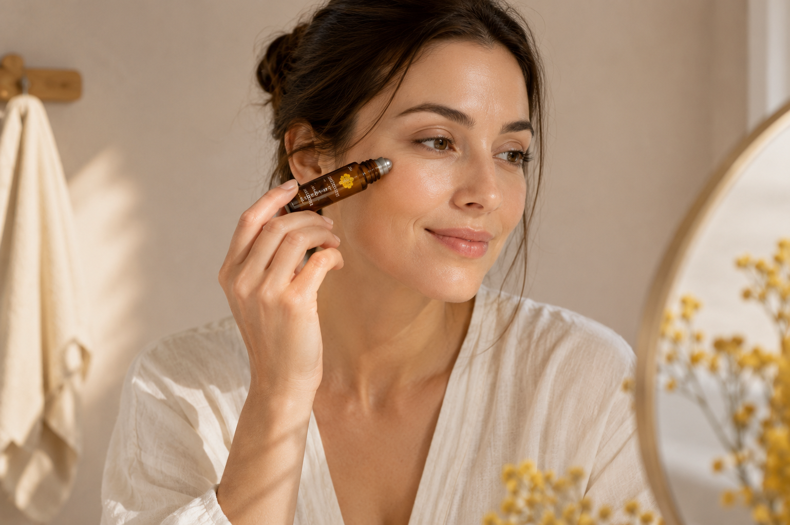 Kobieta stosująca roll-on Immortelle z kocanką włoską podczas codziennej pielęgnacji twarzy