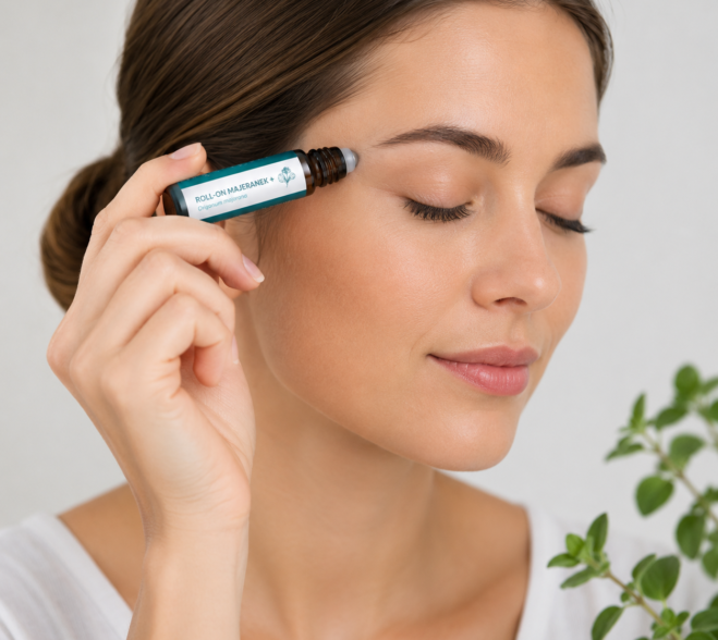 Kobieta nakładająca roll-on Majeranek PLUS na skroń – naturalna aromaterapia z olejkiem majerankowym