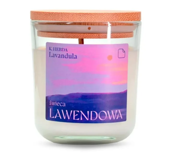 Świeca lawendowa Lavandula K. Hebda w szklanym słoiku z drewnianą pokrywką – naturalna kompozycja o kojącym aromacie