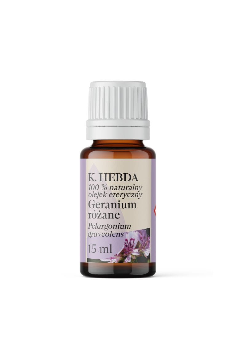 Naturalny olejek eteryczny Geranium Różane 15 ml – Klaudyna Hebda, packshot na białym tle