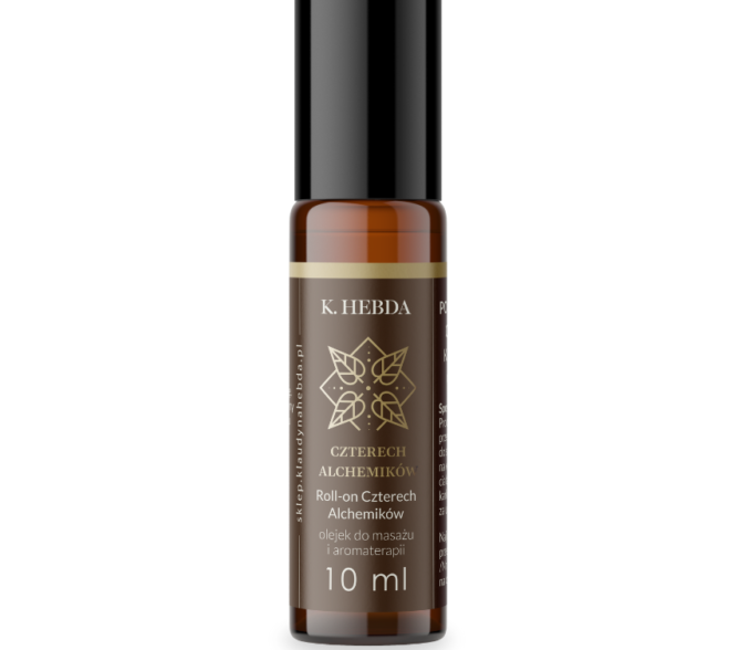 Roll-on Czterech Alchemików – mieszanka olejków eterycznych w oleju jojoba, packshot na białym tle