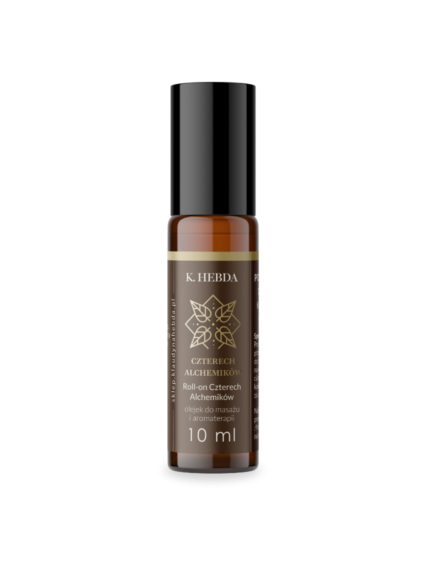 Roll-on Czterech Alchemików – mieszanka olejków eterycznych w oleju jojoba, packshot na białym tle