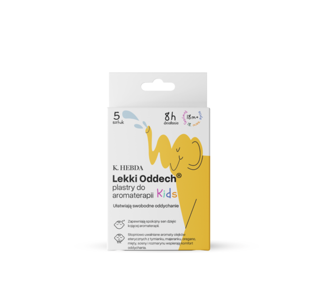 Zdjęcie produktowe: Opakowanie zawierające 5 sztuk Plastrów Lekki Oddech K. Hebda Kids na jednolitym, białym tle – ekspresowy rytuał na swobodne oddychanie.
