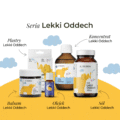 Cała seria Lekki Oddech K. Hebda Kids dla dzieci na żółto-białym tle: Plastry Lekki Oddech, Balsam, Olejek, Koncentrat do kąpieli oraz Sól do kąpieli z grafiką żółtego słonika.