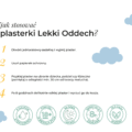 Cztery kroki naklejania plastrów K. Hebda Lekki Oddech z ikonami fazy dnia, czasu działania 8h i oznaczeniem wieku 18m+.