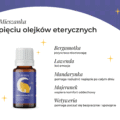 Buteleczka mieszanki pięciu olejków eterycznych K. Hebda Lekki Oddech Noc z grafiką żółtego słonika na tle nocnego nieba z gwiazdami.