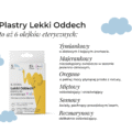 Żółte opakowanie plastrów do aromaterapii K. Hebda Lekki Oddech Kids obok listy sześciu naturalnych olejków eterycznych.