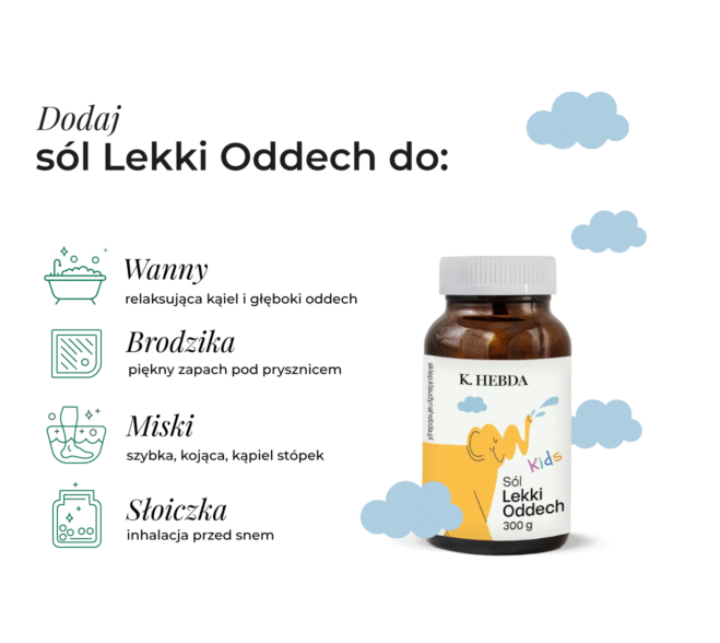 Słoiczek naturalnej soli do kąpieli K. Hebda Lekki Oddech z grafiką słonika, obok cztery ikony zastosowania: wanny, brodzika, miski i słoiczka.