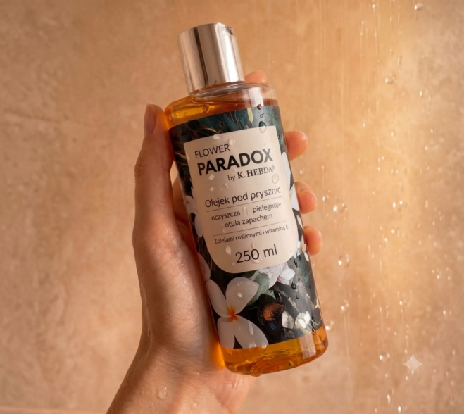 Naturalny olejek pod prysznic Flower Paradox by K. Hebda 250 ml trzymany w dłoni pod prysznicem.