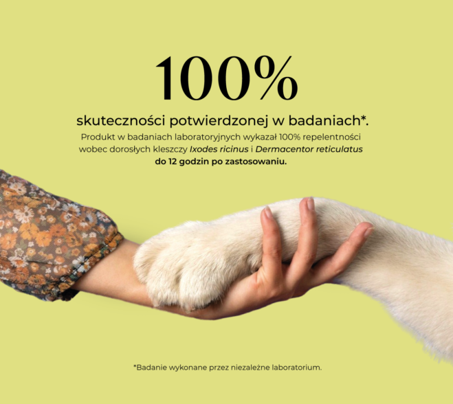 Grafika informująca o 100% skuteczności spray Nutta Pets na kleszcze Ixodes ricinus i Dermacentor reticulatus.