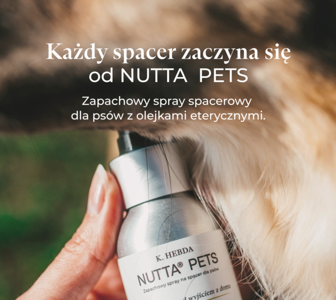 Dłoń trzymająca butelkę Nutta Pets i rozpylająca spray na karku długowłosego psa.