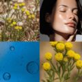 Kolaż produktowy: żółte kwiaty wrotyczu marokańskiego, niebieska tekstura serum z bąbelkami oraz kobieta o promiennej cerze z efektem glass skin po użyciu serum Blue Tansy + Vitamin C.