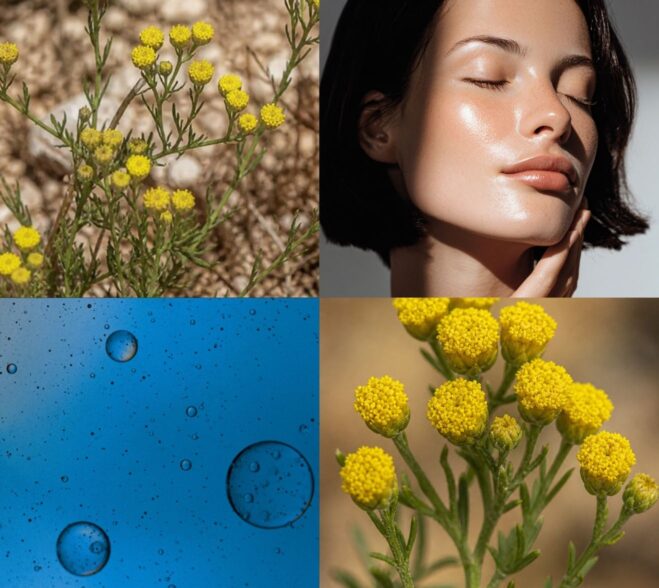 Kolaż produktowy: żółte kwiaty wrotyczu marokańskiego, niebieska tekstura serum z bąbelkami oraz kobieta o promiennej cerze z efektem glass skin po użyciu serum Blue Tansy + Vitamin C.