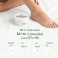 Kobieta aplikująca maść regeneracyjną na nogi, ikony dłoni, łokci, stóp i kolan, pielęgnacja suchej skóry.
