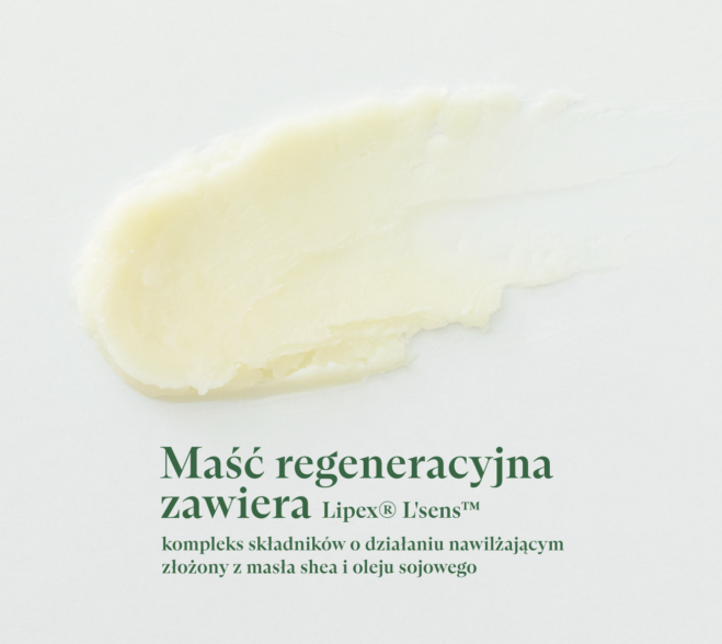 Kremowa konsystencja maści regeneracyjnej K. Hebda, swatch balsamu z masłem shea i woskiem pszczelim.