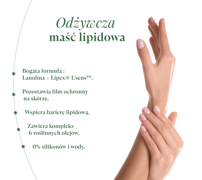Zadbane, gładkie dłonie kobiety, odżywcza maść lipidowa z lanoliną i kompleksem 6 olejów roślinnych.