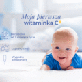 Uśmiechnięte niemowlę leżące na brzuszku, nad którym widnieje napis Moja pierwsza witaminka C oraz ikony zalet produktu Kropelki z witaminą C dla dzieci K. Hebda.
