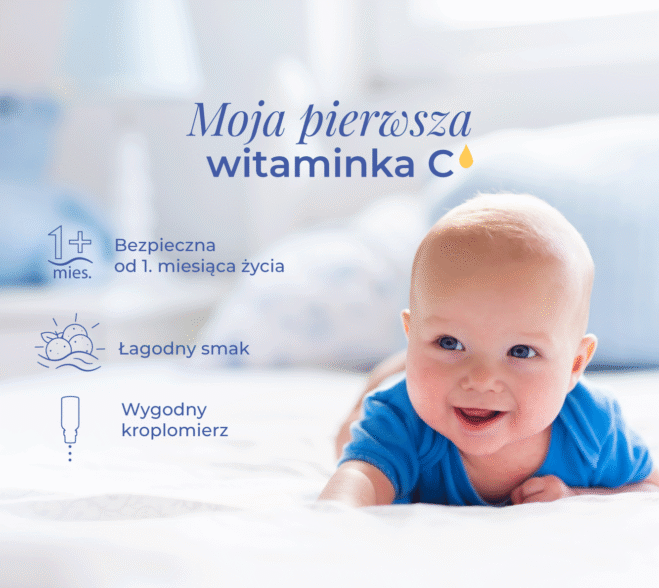 Uśmiechnięte niemowlę leżące na brzuszku, nad którym widnieje napis Moja pierwsza witaminka C oraz ikony zalet produktu Kropelki z witaminą C dla dzieci K. Hebda.